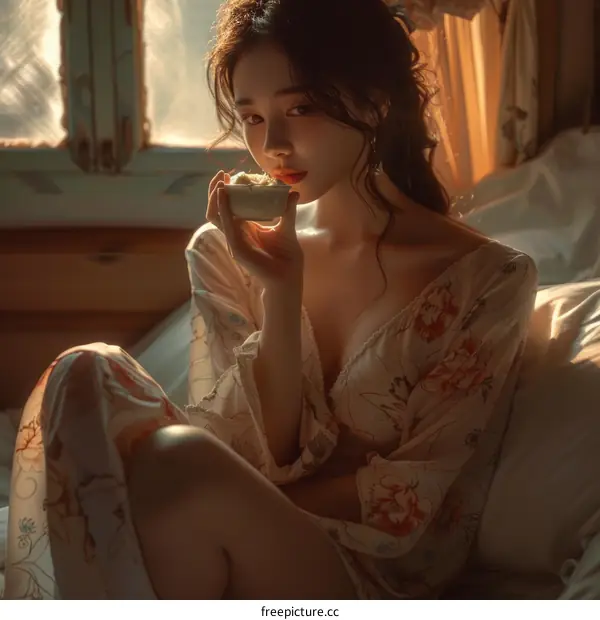 A woman in a floral dress is sitting on a bed and drinking from a cup