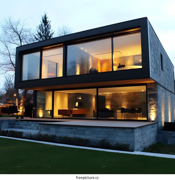 Modern Black and Stone House with Large Windows at Night
