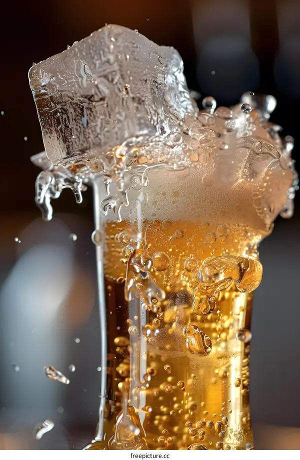 Close Up of Ice Cube Falling into Beer