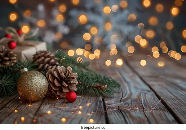 Christmas background with fir branches, pine cones, gift box and Christmas ball