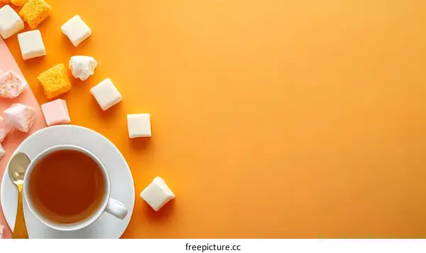 Cup of Tea with Sugar Cubes on Orange Background