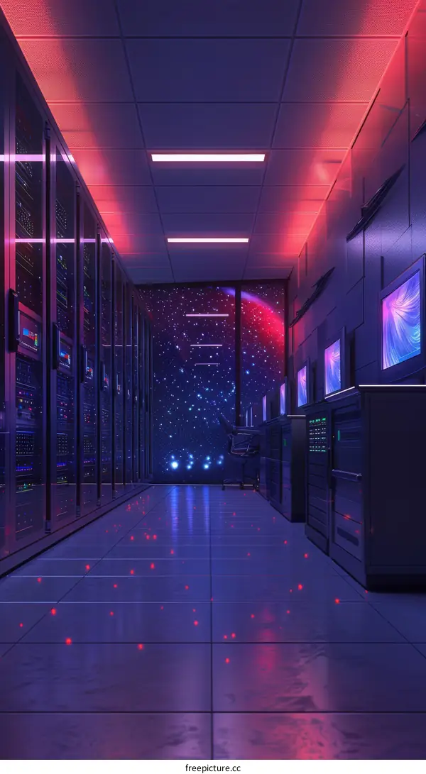 Futuristic server room with glowing lights and starry night sky