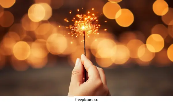 Hand holding a lit sparkler against a blurry background of lights.