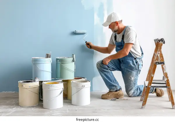 Painter Painting Light Blue Wall Interior Room