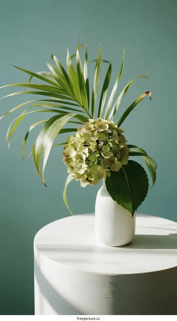 Green Hydrangea and Palm Leaf Arrangement in White Vase