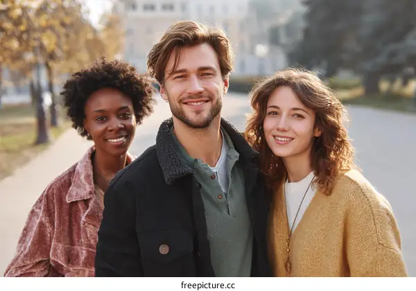 Three diverse friends enjoying an autumn day outdoors
