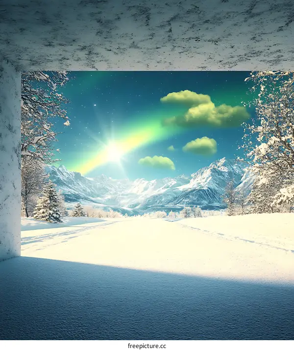 Snowy Mountain Landscape View Through Concrete Frame