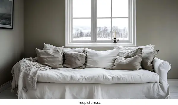 Cozy Living Room with White Linen Sofa