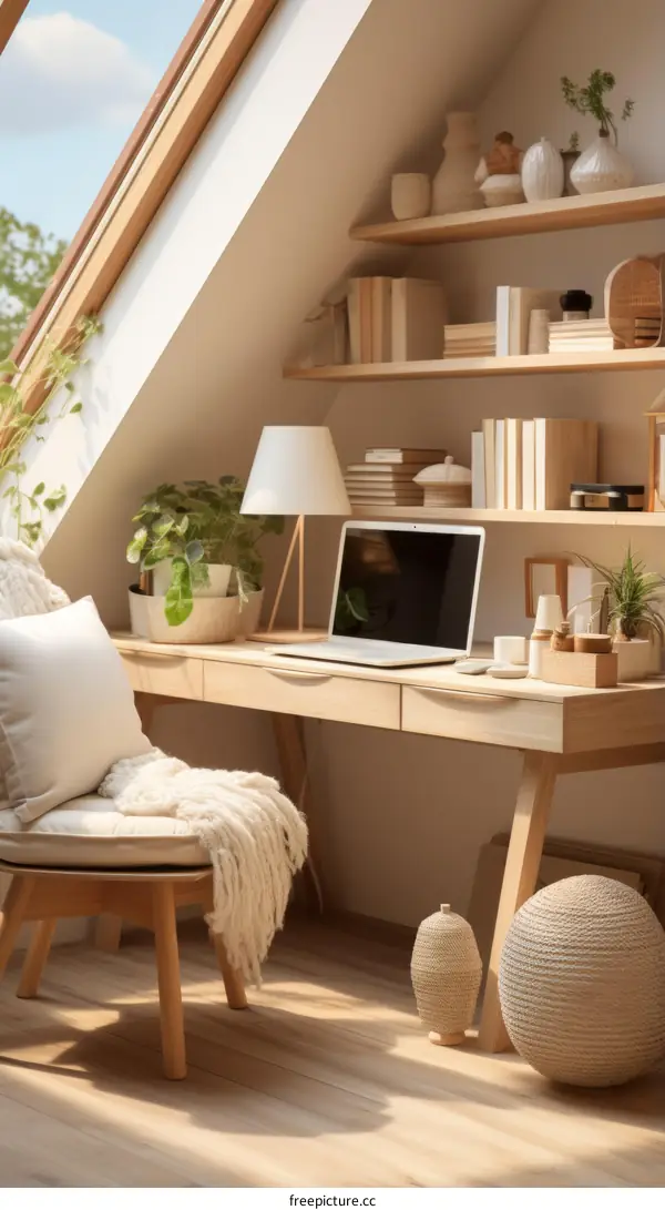 A cozy home office with natural light and a view