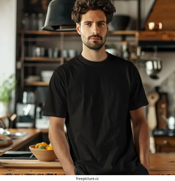 Handsome young man in black t-shirt posing in the kitchen