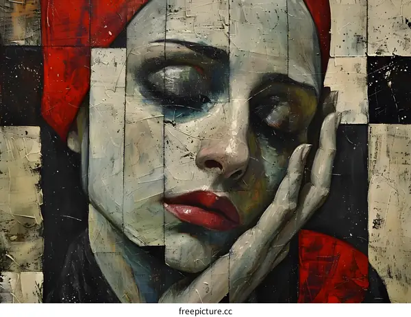 A portrait of a crying woman with a red scarf on her head