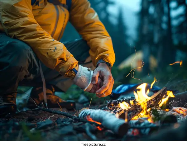 Man in yellow jacket is warming his hands over a campfire