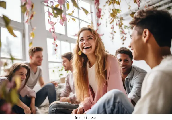 Laughing Friends Sitting on Floor with Pink Flowers Hanging