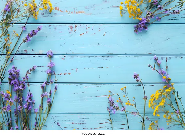 Purple and Yellow Flowers on Blue Wooden Background