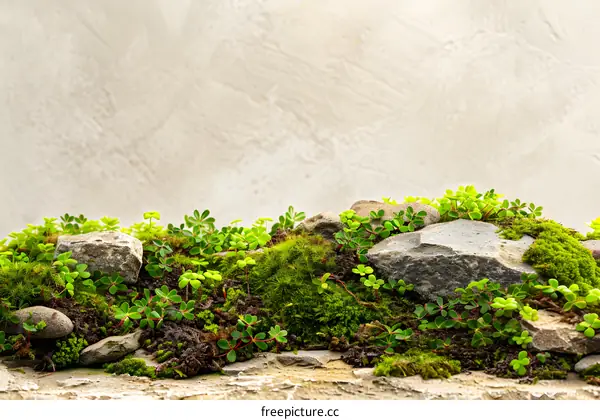Green Moss And Small Plants On Stone
