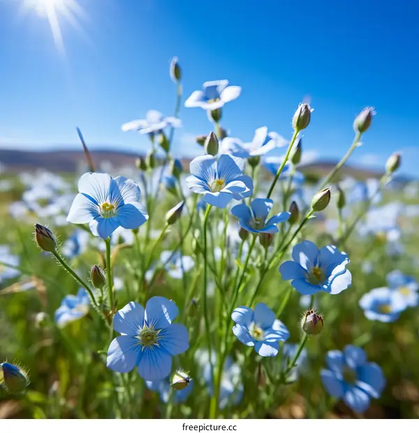Close-up of blue flax flowers in a field on a sunny day