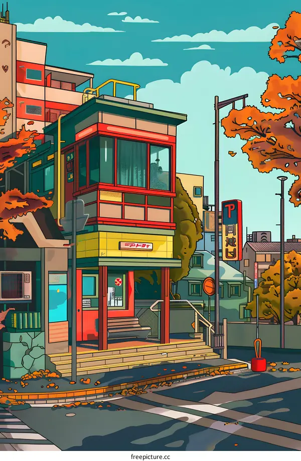 Colorful Illustration of Japanese Street Scene with Buildings and Trees