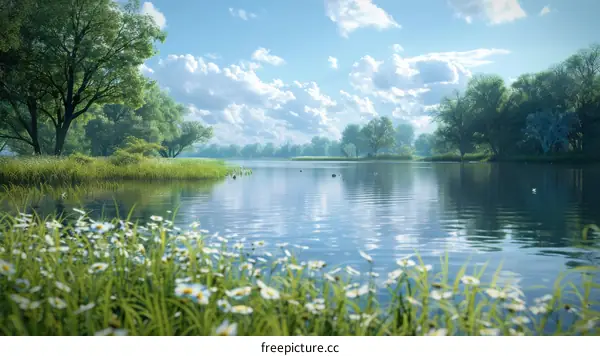 Mesmerizing lake surrounded by lush greenery and vibrant flowers