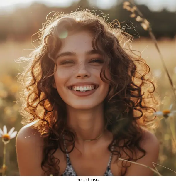 Beautiful Woman with Curly Hair in a Field