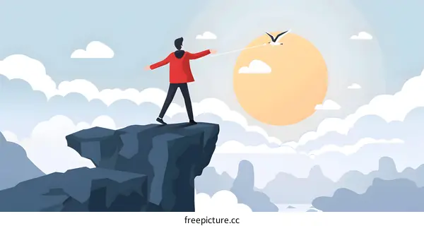 Man Standing on Clifftop Reaching Towards Flying Bird