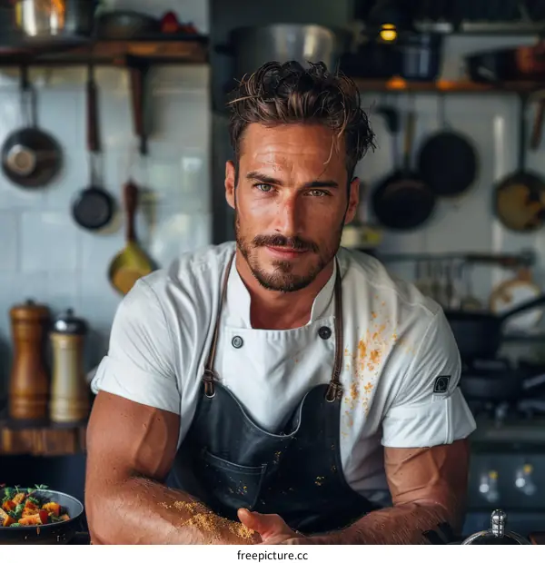 Portrait of a handsome male chef in a white shirt and apron looking at the camera