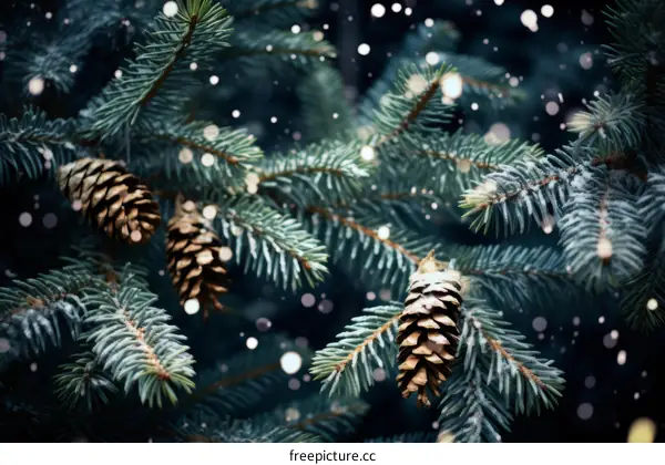 Close up of a snowy pine tree branch with pine cones
