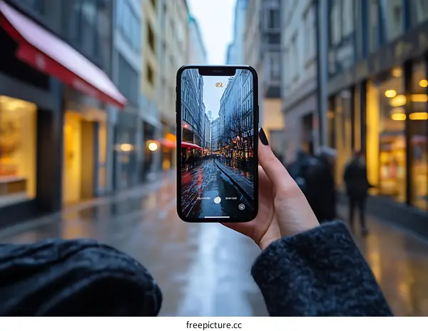 Hand Holding Smartphone Taking Photo of European City Street