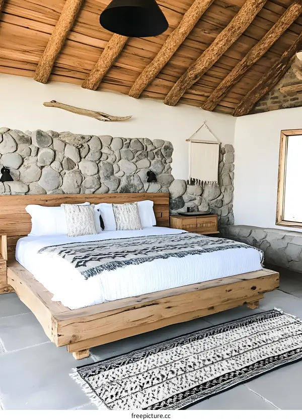 Rustic Wooden Bedroom Interior Design with Stone Wall