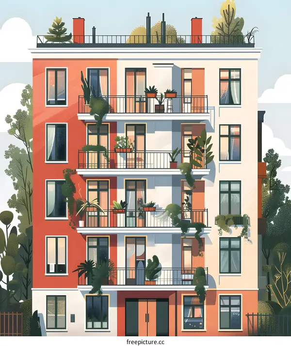 Modern Apartment Building With Balconies and Plants