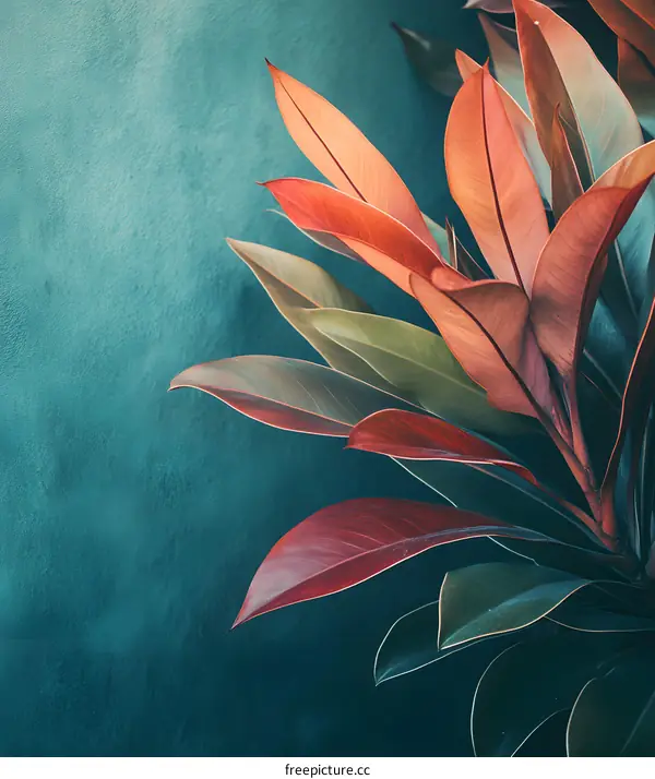 Green Leaves on a Teal Wall Background