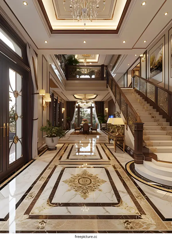 European style luxury house interior with marble floor, crystal chandelier and grand staircase