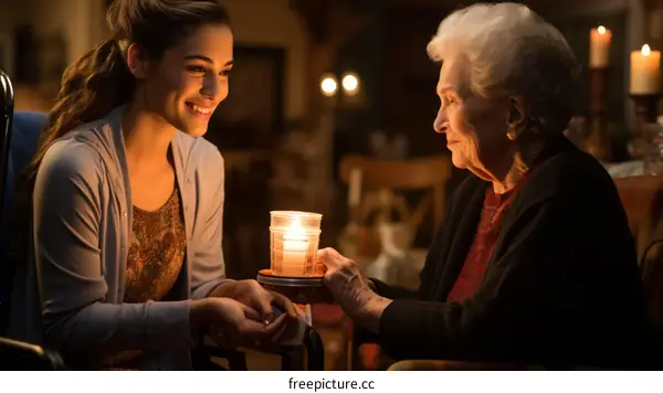 A young woman and an elderly woman are holding hands and looking at each other with love and compassion.