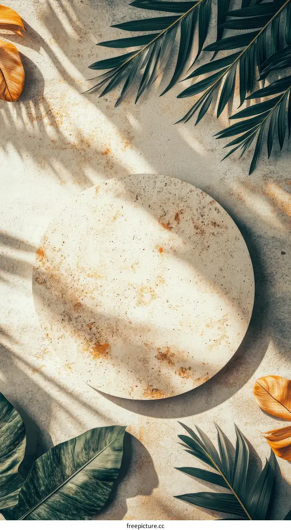 Beige Circle Display with Tropical Leaves