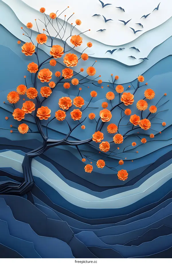 3D illustration of an orange tree with paper flowers and blue background