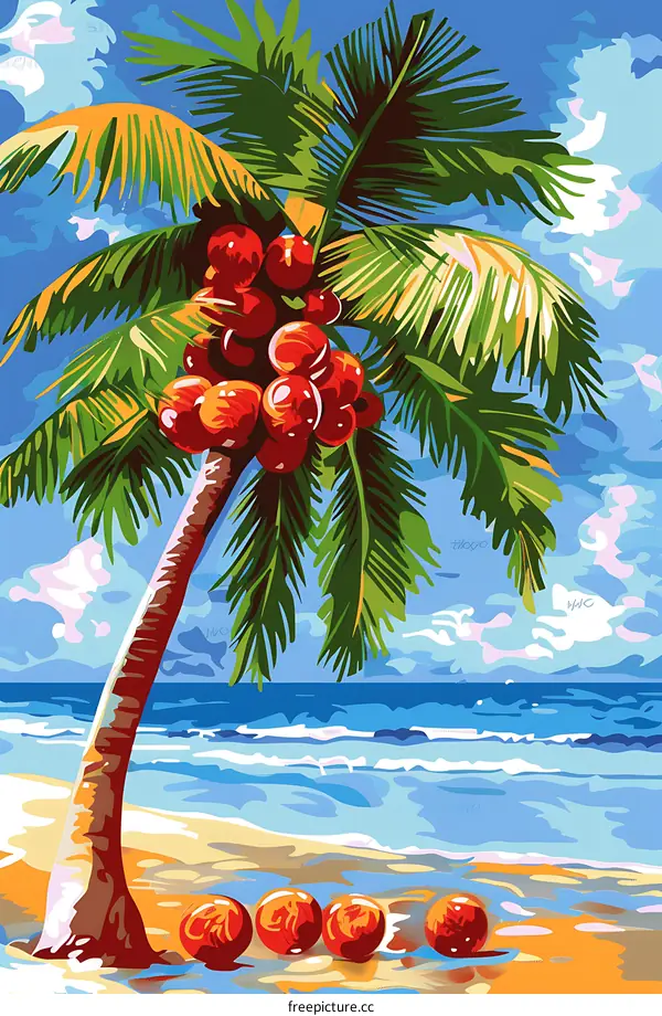Palm Tree on Tropical Beach with Coconuts