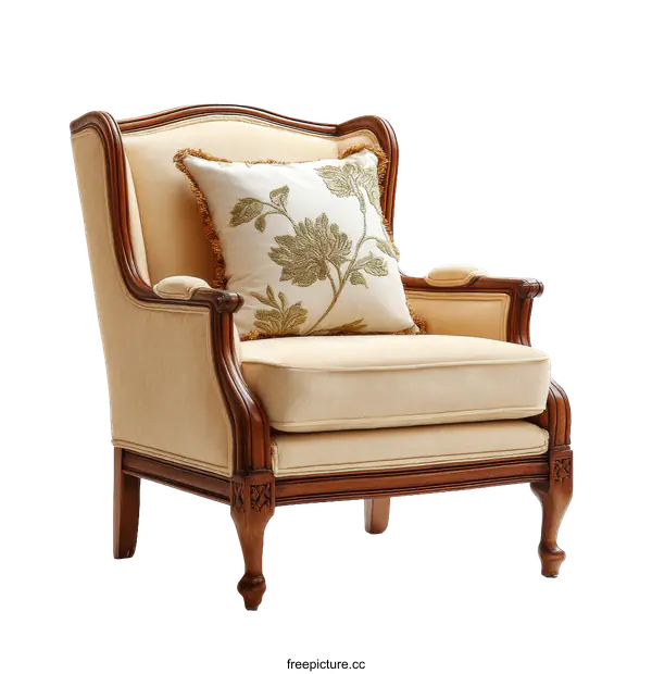 [Transparent Background PNG]Elegant Wooden Armchair with Beige Upholstery