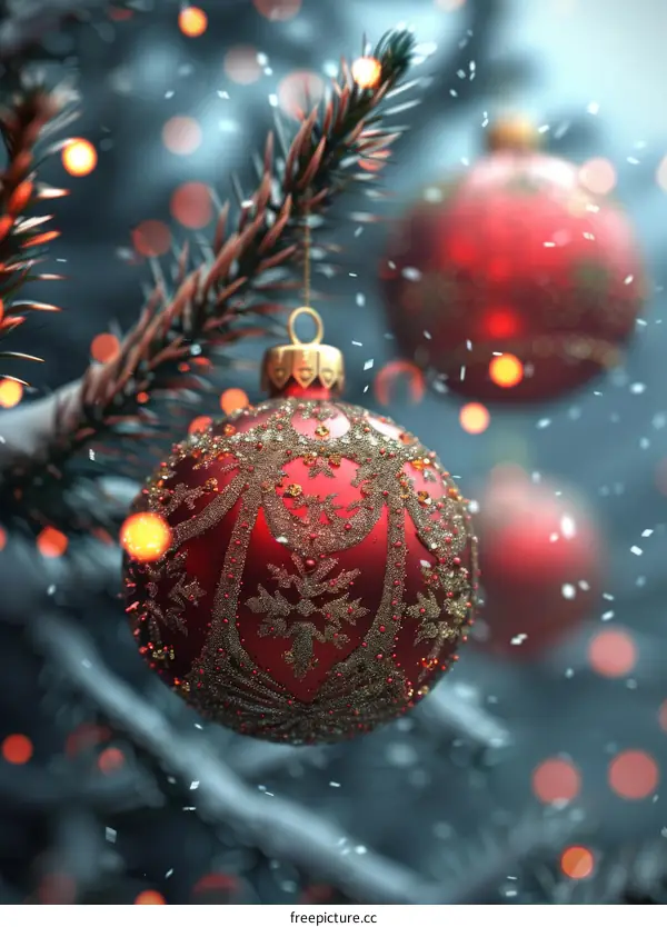 Red Christmas Ornament on Snowy Tree Branch