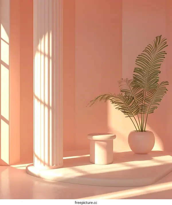 Minimalist 3D Render of a Pink Room With a Column and a Plant