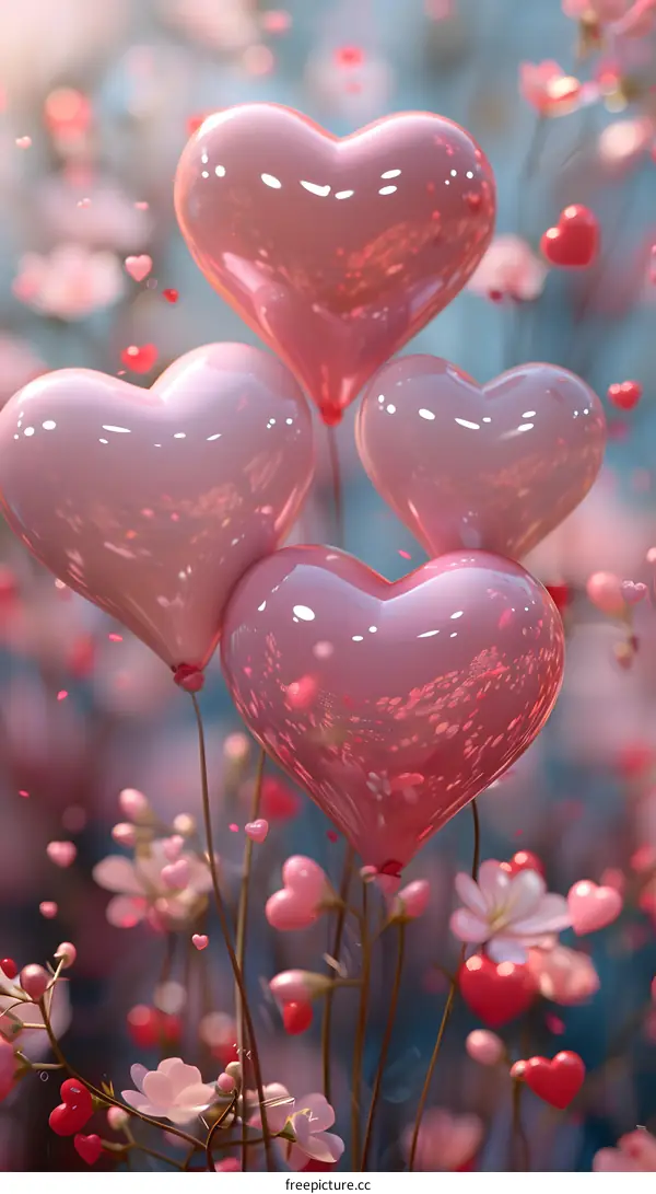 Pink heart-shaped balloons floating in a field of flowers
