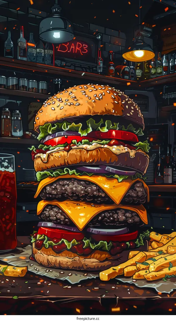 A delicious-looking burger with fries and a drink