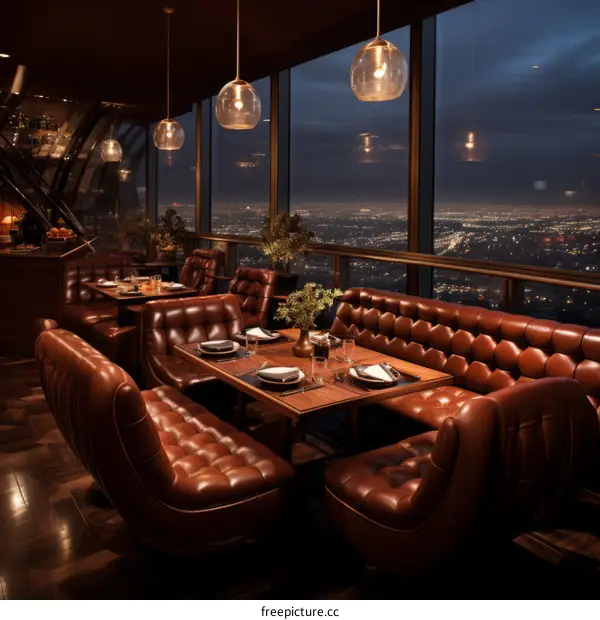 A restaurant with a view of the city at night