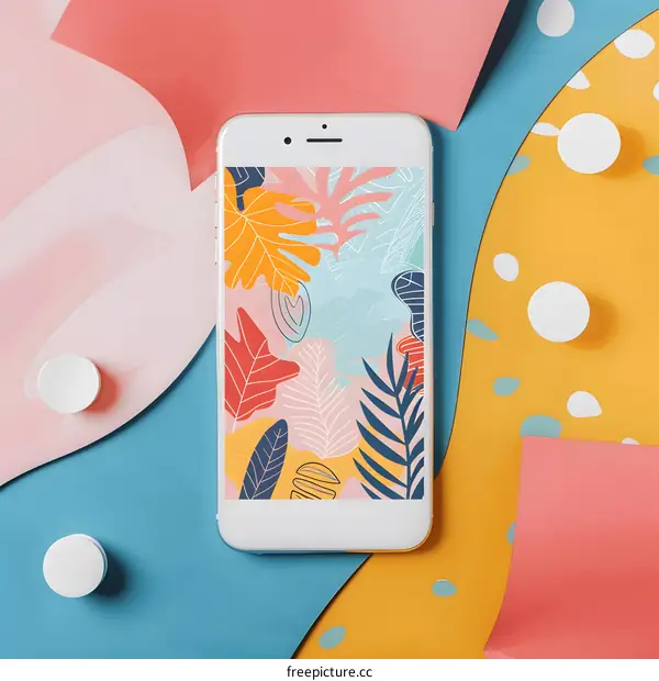 White Smartphone with Colorful Tropical Leaf Pattern on Screen on Colorful Background