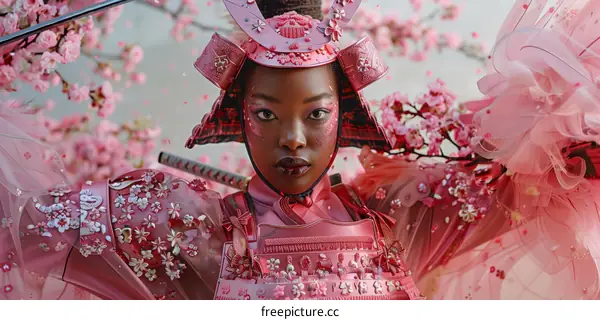 Portrait of a Black Woman Wearing a Pink Samurai Helmet and Sakura Blossoms