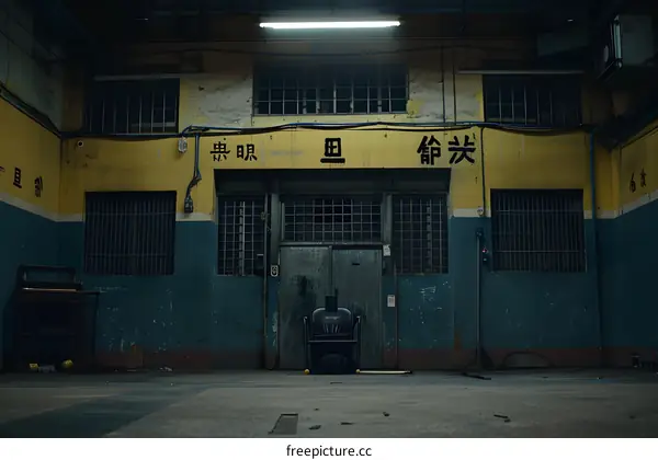 Old Abandoned Building with Yellow and Blue Walls and a Metal Door