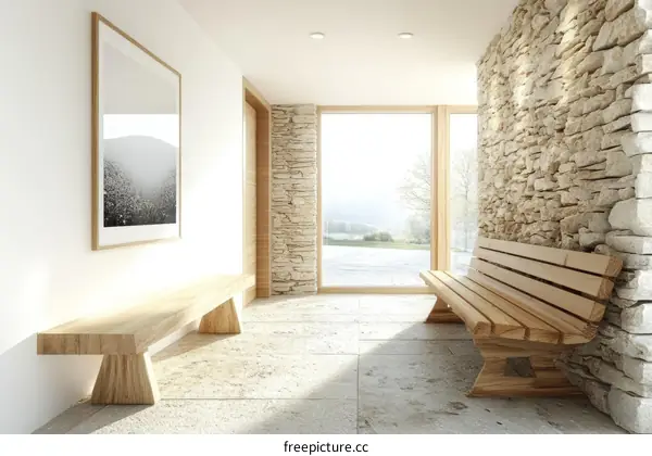 Modern Wooden Bench in a Minimalist Hallway