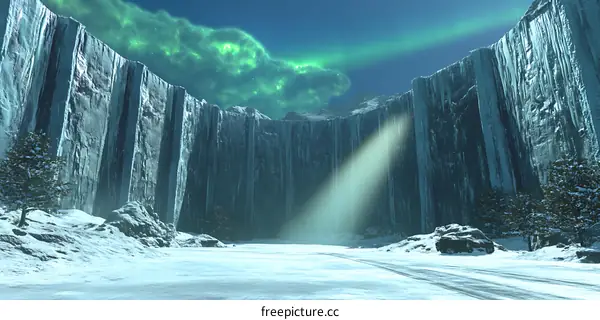 Fantasy Winter Landscape with Ice Wall and Aurora Borealis