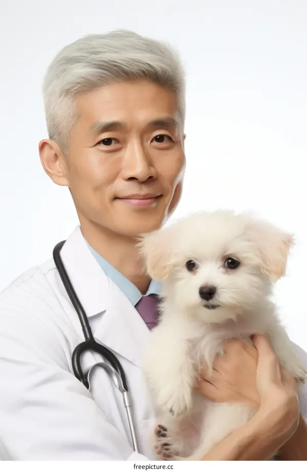 Asian male veterinarian holding a white puppy