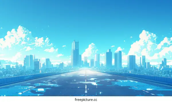 A wide road through a city with tall buildings on either side