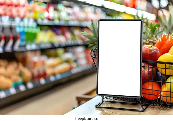 Blank Sign Mockup in a Grocery Store with Fresh Fruit
