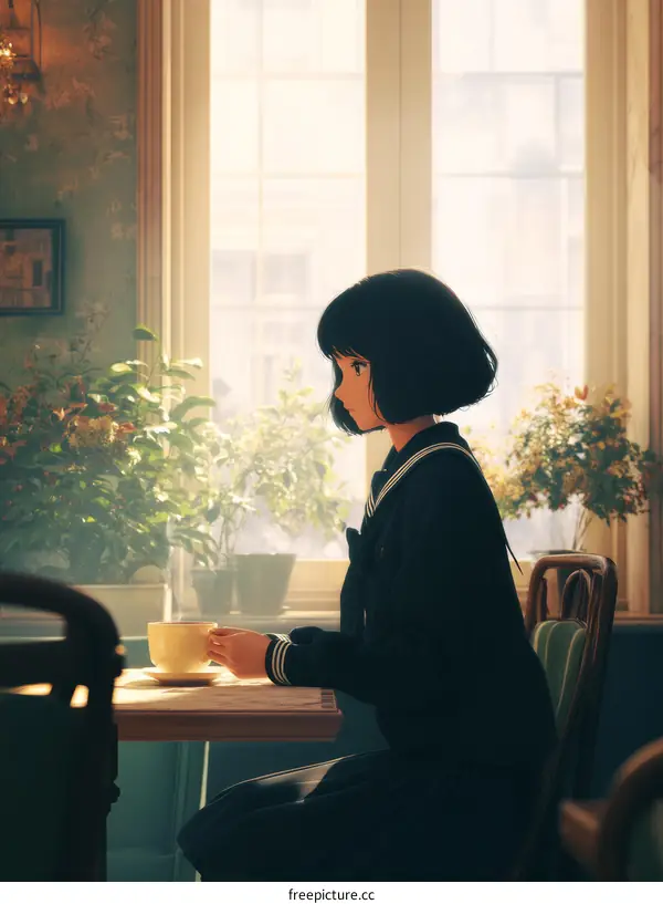 A Young Woman Sits by the Window Enjoying a Cup of Coffee